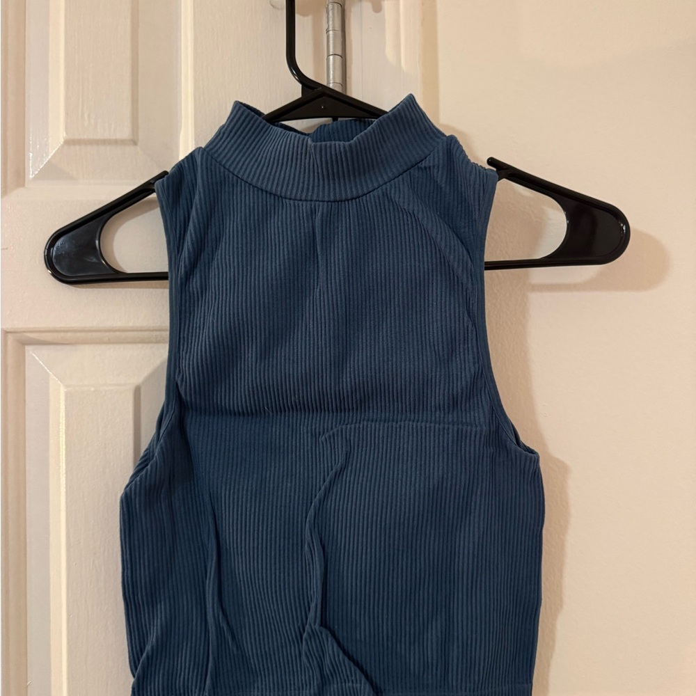 Zara Navy Ribbed Mock Neck Tank Top